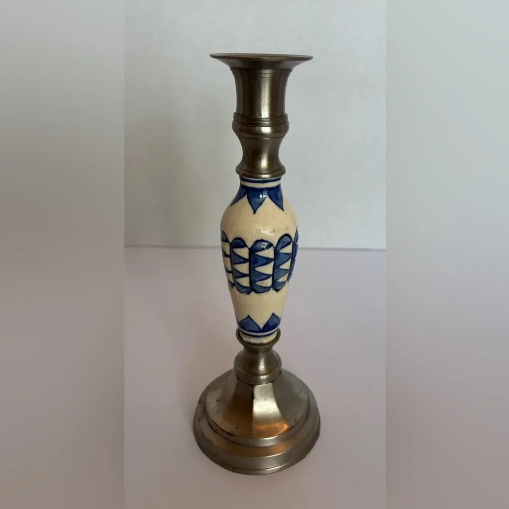 Vintage Blue & Cream Ceramic & Pewter Candlestick